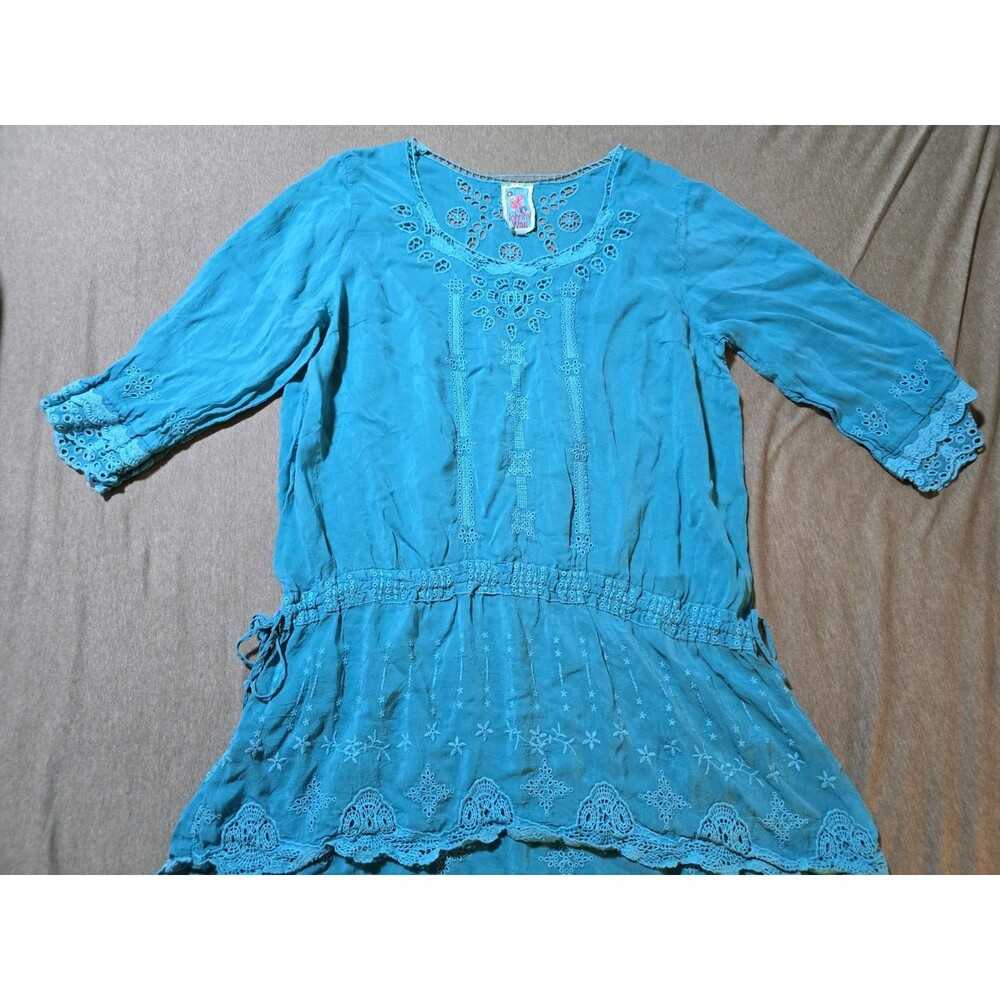 Johnny Was Eyelet Tunic Blue Teal 3/4 Sleeve Wmns Sz Large Boho Blouse Tie Side